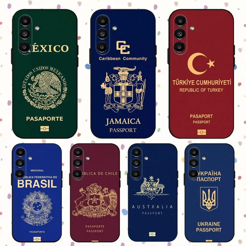 Passport country Phone Case para Samsung S24,S21,S22,S23,S30,Ultra,S20,Plus,Fe,Lite,Note,10,9,5G Black Soft Cover