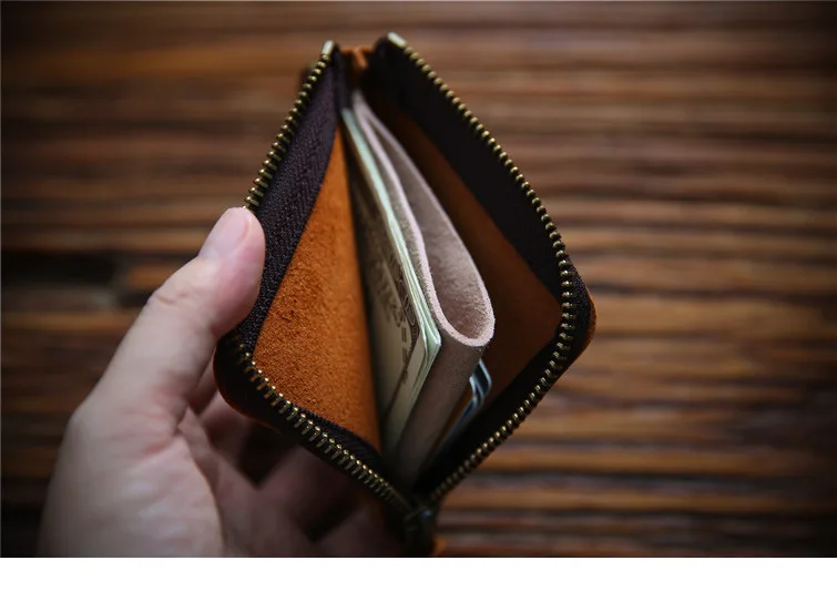Handmade Vintage Men's Wallet Leather Short Zip Money Clip Layer Cowhide Leather Clip Crazy Horse Leather Student Coin Wallet