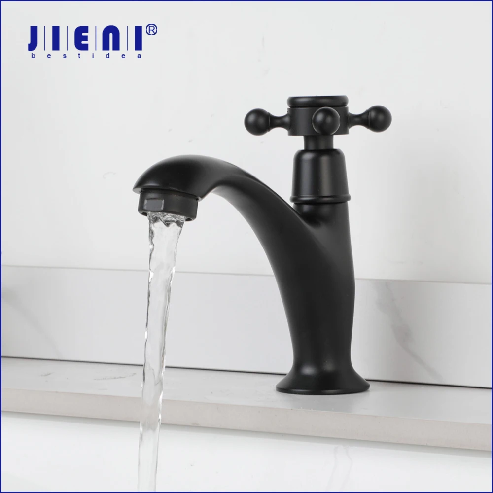 JIENI Matte Black Bathroom Basin Faucet Cross Handle Rotation Control Single Cold Stream Water Outlet Deck Mounted Bath Taps