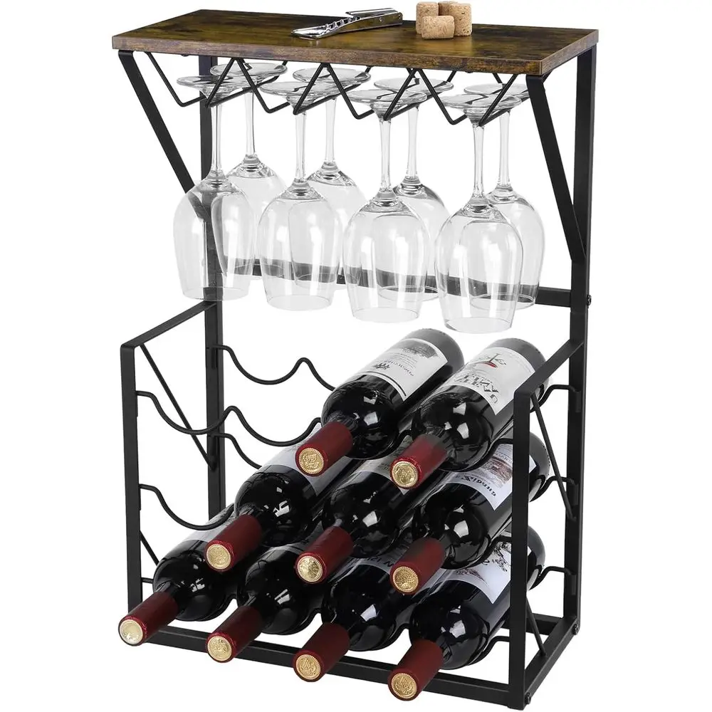 

12-Bottle & 8-Glass Wine Rack, Freestanding Countertop Holder for Kitchen, Pantry, Bar