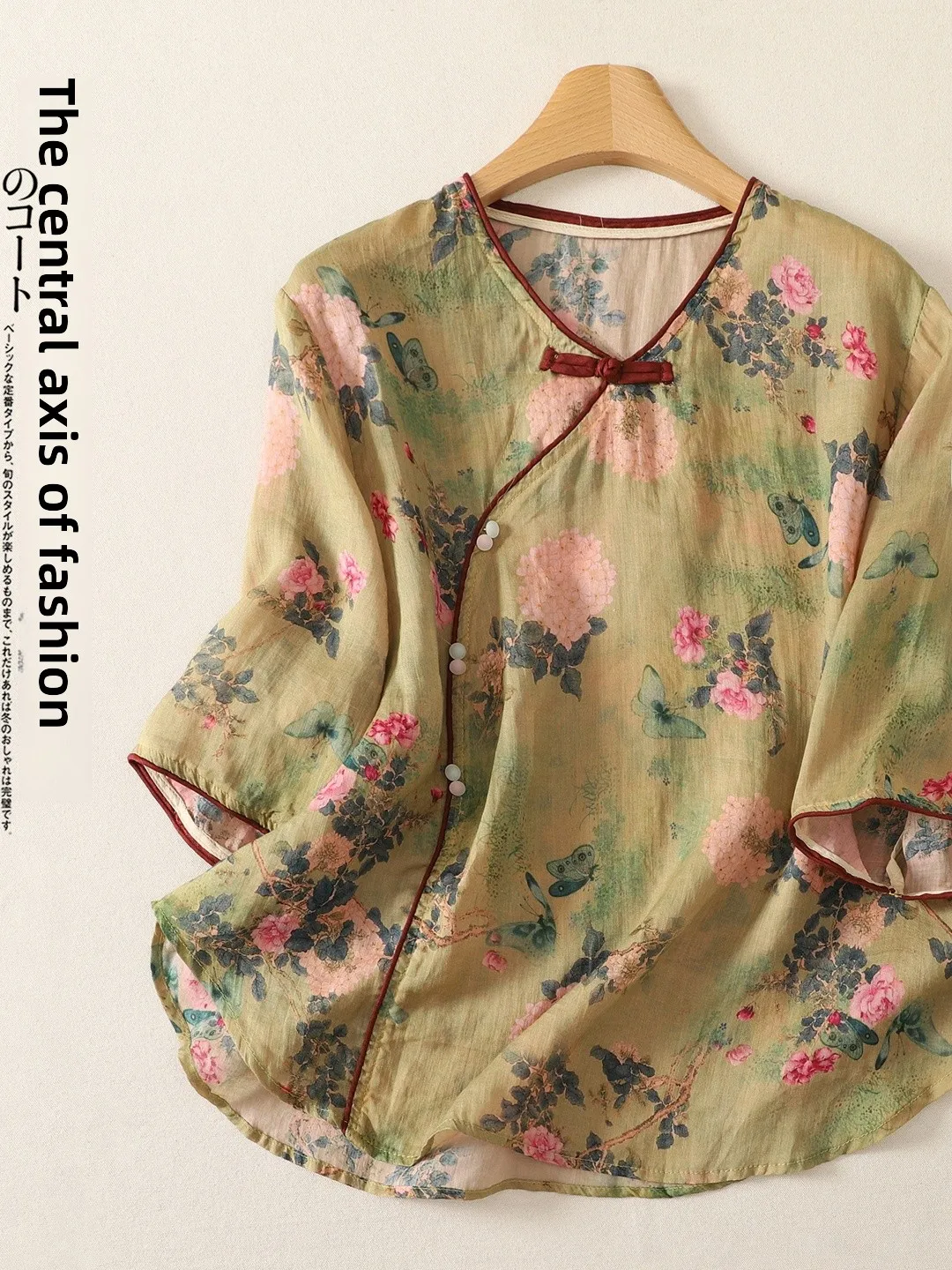 

Retro Chinese Style Cotton Linen Print Shirt Women's Loose V-Neck Side Buttoned Top Summer New Arrival Fashion Clothing
