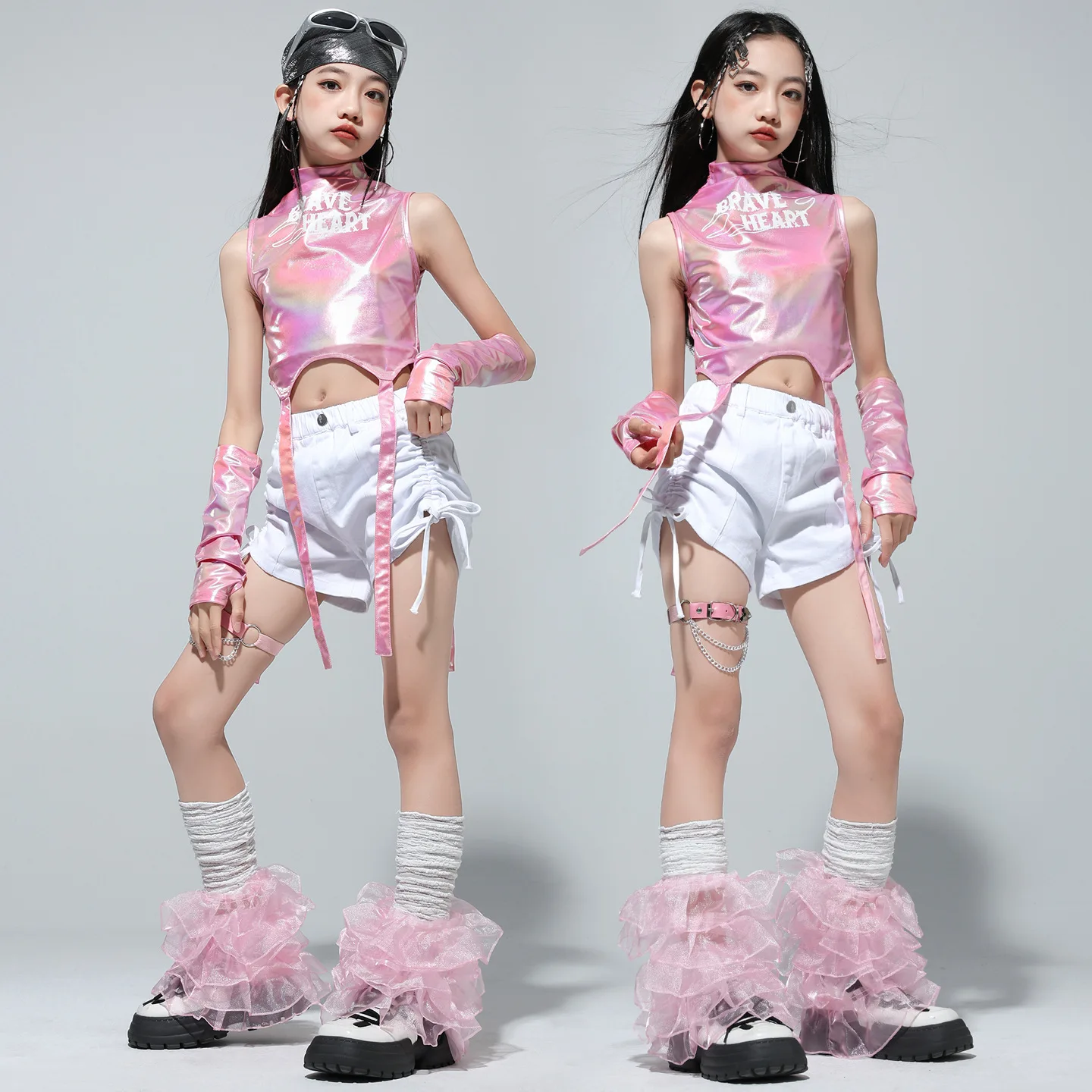 Vêtements Hip Hop pour enfants, rose Laser, sangle de cou simulée, débardeur court, short de rue blanc avec cordon de serrage pour filles, vêtements de Costume de danse Jazz