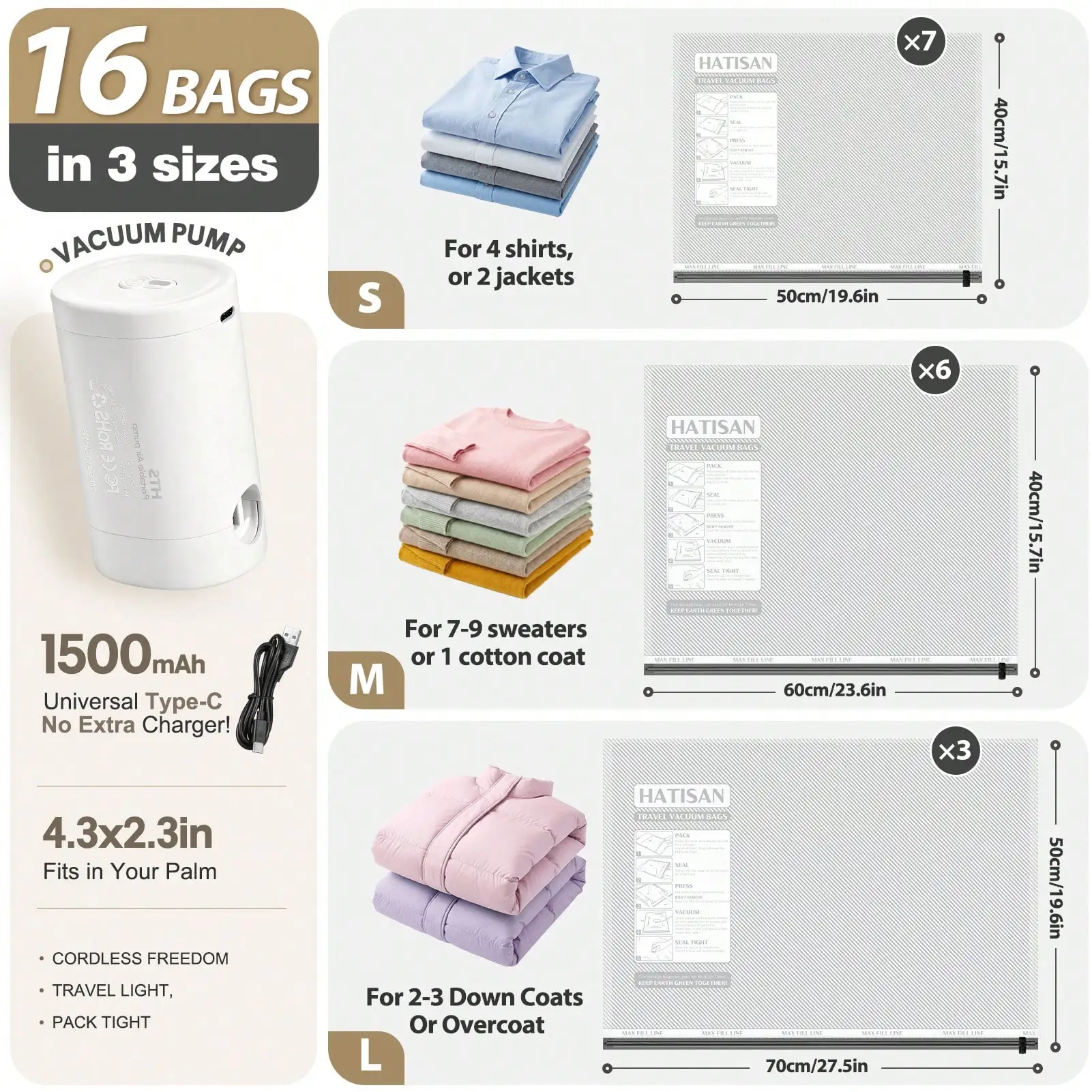 16pcs Vacuum Bags For Travel With Rechargeable Air Pump,Reusable For Clothes, Comforters, Blankets, Pillow, Bedding, Sealer Clothing Storage,Travel Accessories,Travel Essential
