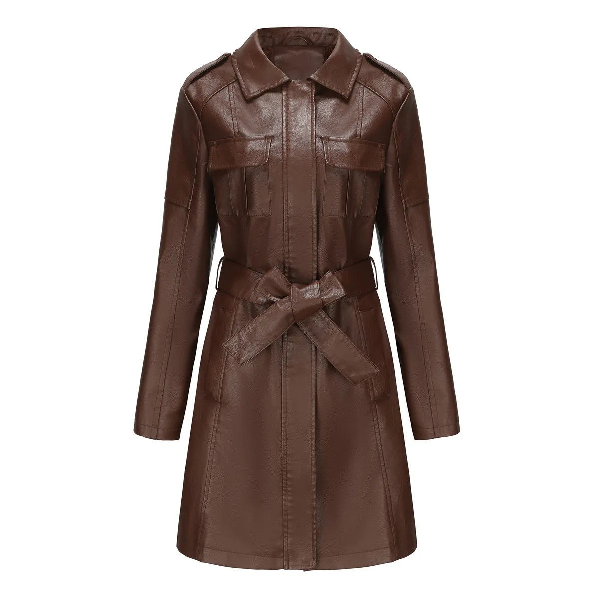 Giacca a vento in morbida pelle artificiale marrone nera lunga da donna, gonna con cintura, cappotto elegante, marchio di lusso, autunno