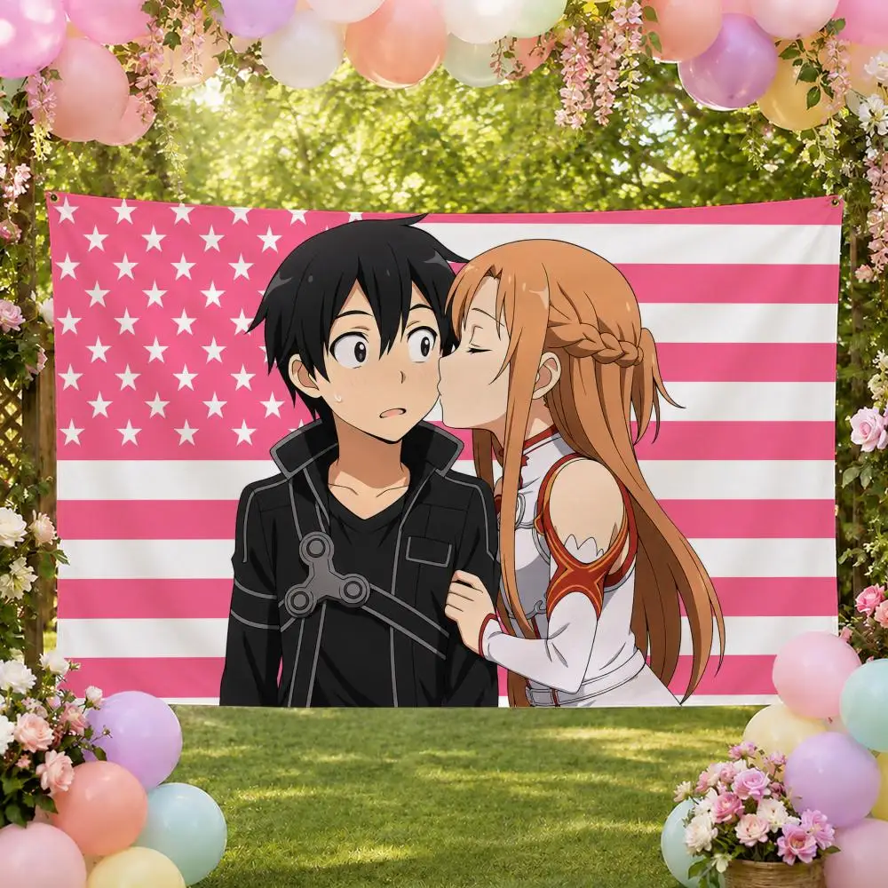 Anime K-Kirito x Asuna SAO Couple Flags Fan Banner Tapestry Wall Hanging Garage BarDorm Camp Party Outdoor Home Decor Gift