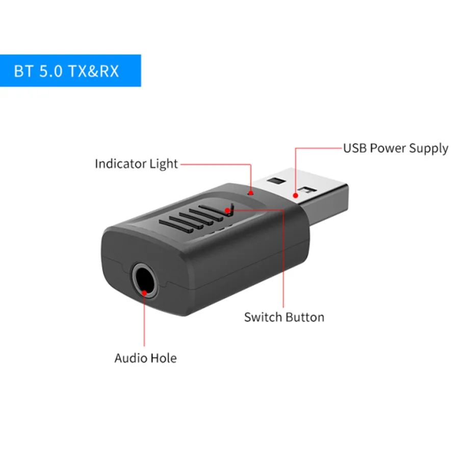 Grwibar-Mini Wireless USB Bluetooth 5.0 Adapter, 4 em 1, 3.5mm Jack, AUX, BT, Receptor de Áudio, Transmissor para Carro, TV, Alto-falante