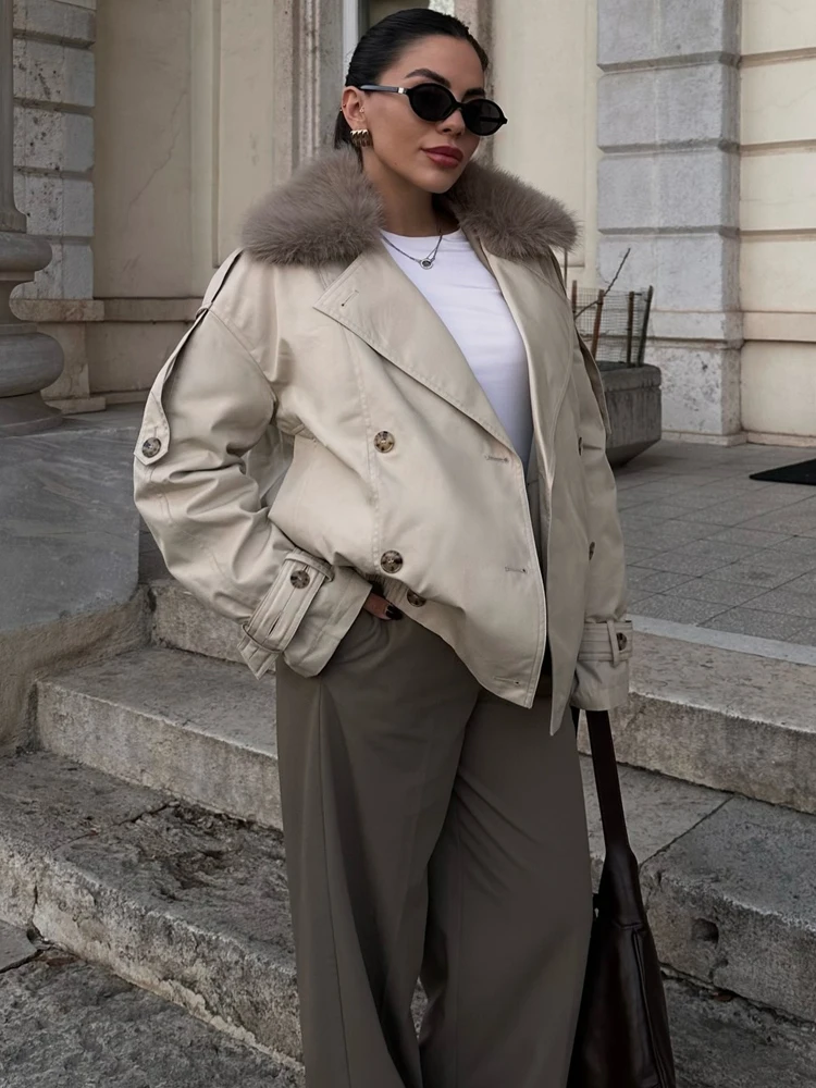 

HH 2025 Fashion Women Faux Fur Short Trench Coat With Faux Fur Collar Female Winter Double Breasted Waterproof Windbreaker