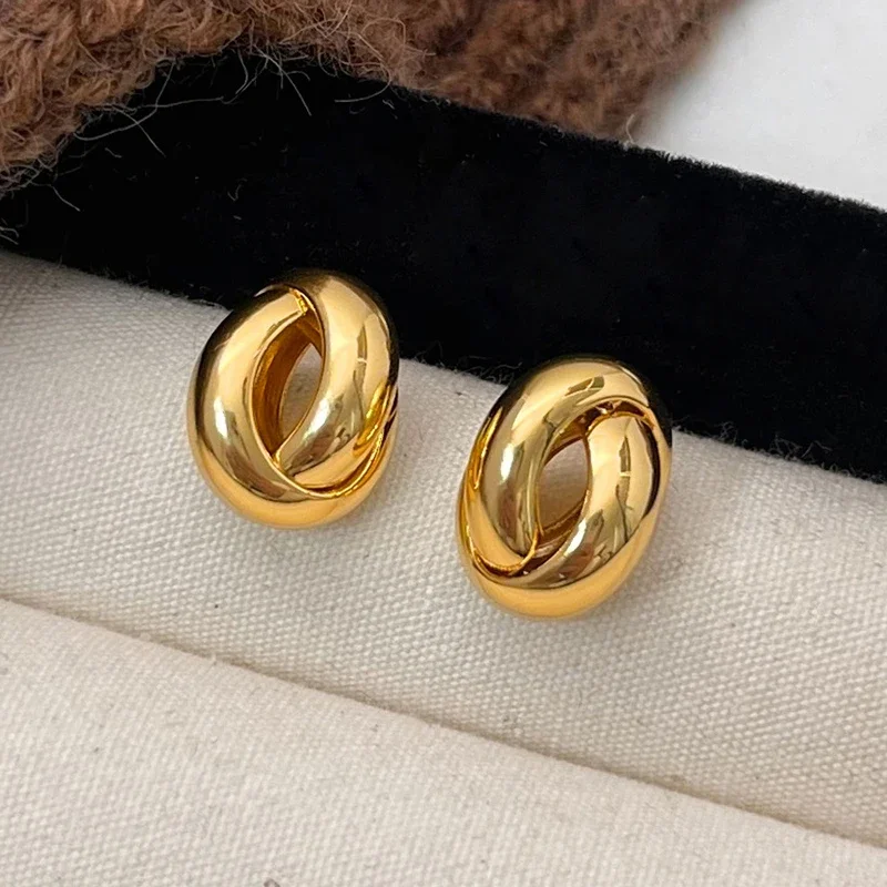 

Real 925 Sterling Silver 18K Gold Geometric Stud Earrings for Women Vintage Fine Jewelry Minimalist Light Luxury Accessories