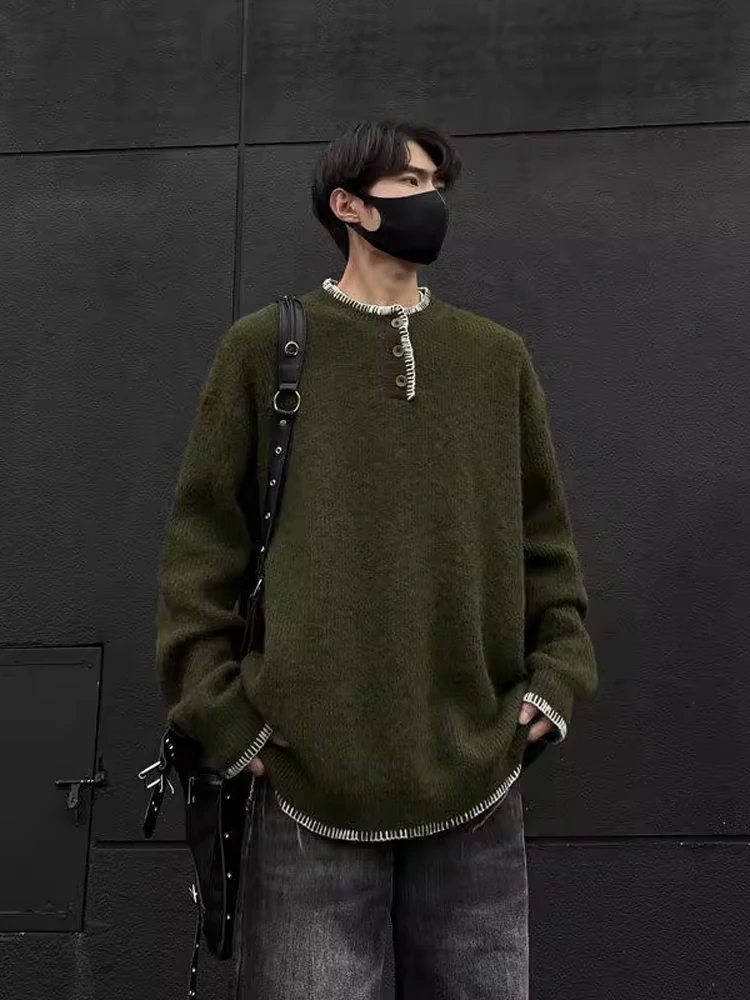 American Retro Men's Knitwear Henry Collar Sweater Autumn Winter Lazy Couple's Inner Wear Casual Loose Fit Polyester Blend