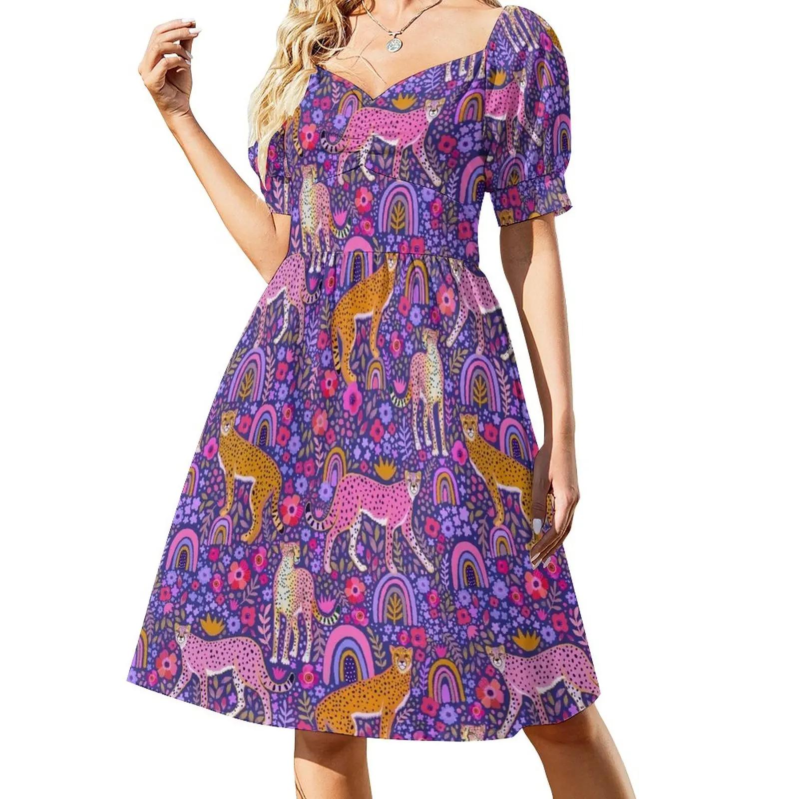 

cheetahs in a Rainbow Garden on Navy Blue Sleeveless Dress elegant and pretty women's dresses Elegant gown