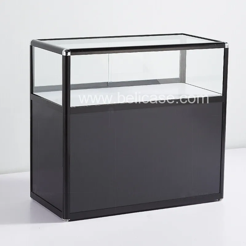 (Personalizado) vitrina de cristal personalizada de fábrica vitrina de cristal con luz LED vitrina de joyería de aluminio negro