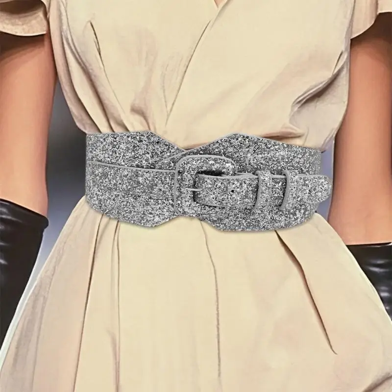 M6CD سلسلة الخصر واسعة المتضخم التألق أبازيم حزام بولي PU للنساء الحفلات الراقصة المرحلة والنوادي ملابس غير رسمية مجوهرات متقنة