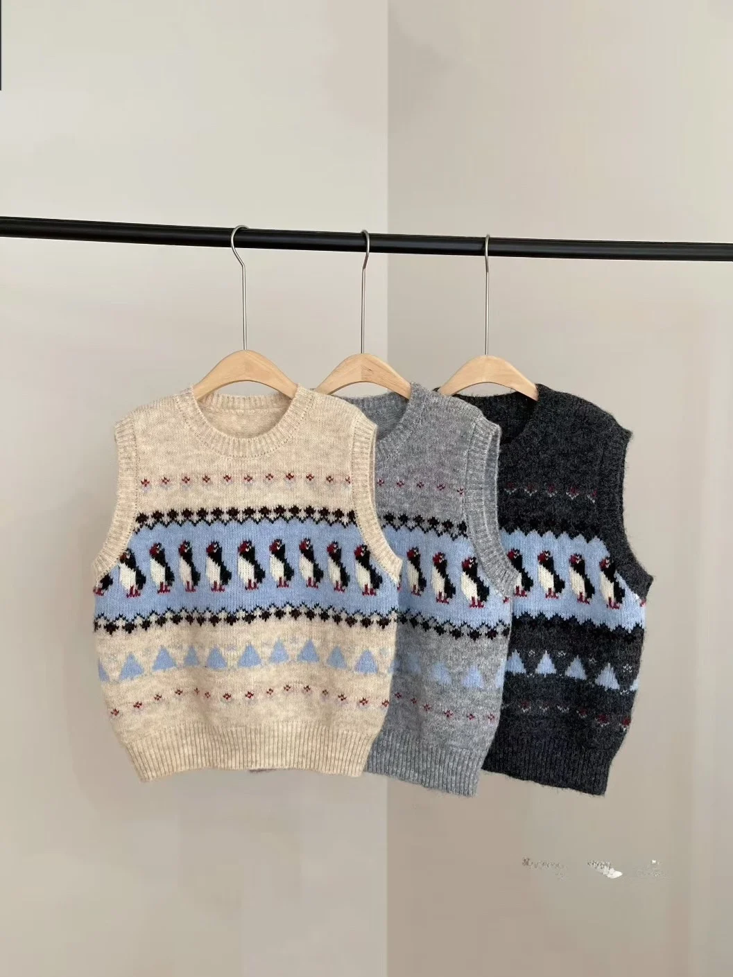 Sweter damski z dzianiny w stylu retro z motywem pingwina, okrągły dekolt, kamizelka, jesienno-zimowy, do noszenia warstwowo, miękka mieszanka wełny.