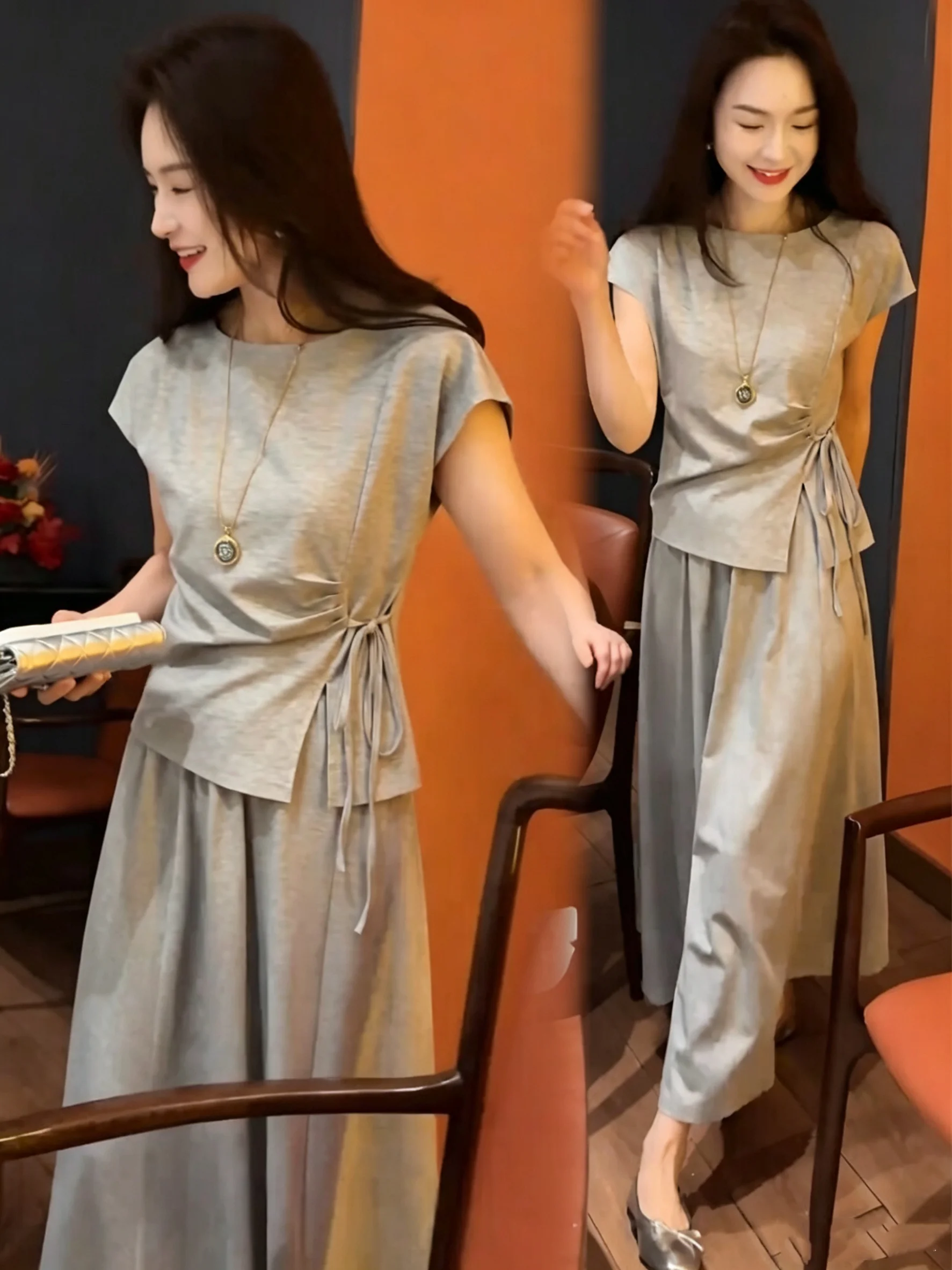 

Fashionable Two-Piece Set Half-Skirt Short-Sleeve Top Women's Stylish Summer Outfit Breathable Cotton Casual Wear for All Ages