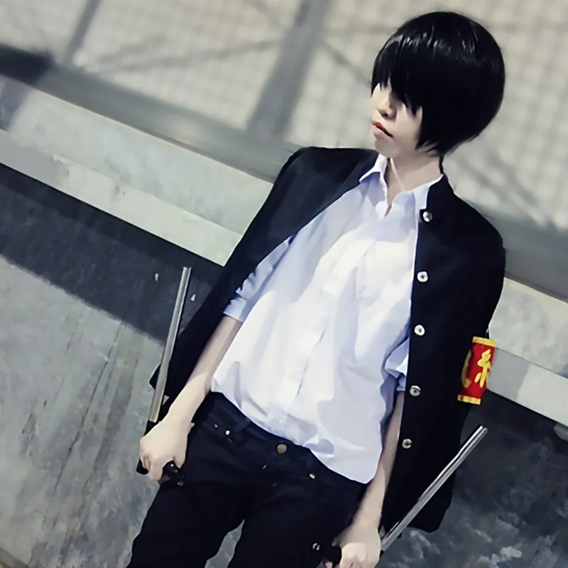 Anime Hitman Reborn Costume Cosplay Hibari Kyoya costumi Cosplay vestiti di Halloween per gli uomini cappotto uniforme con pantaloni puntelli parrucca