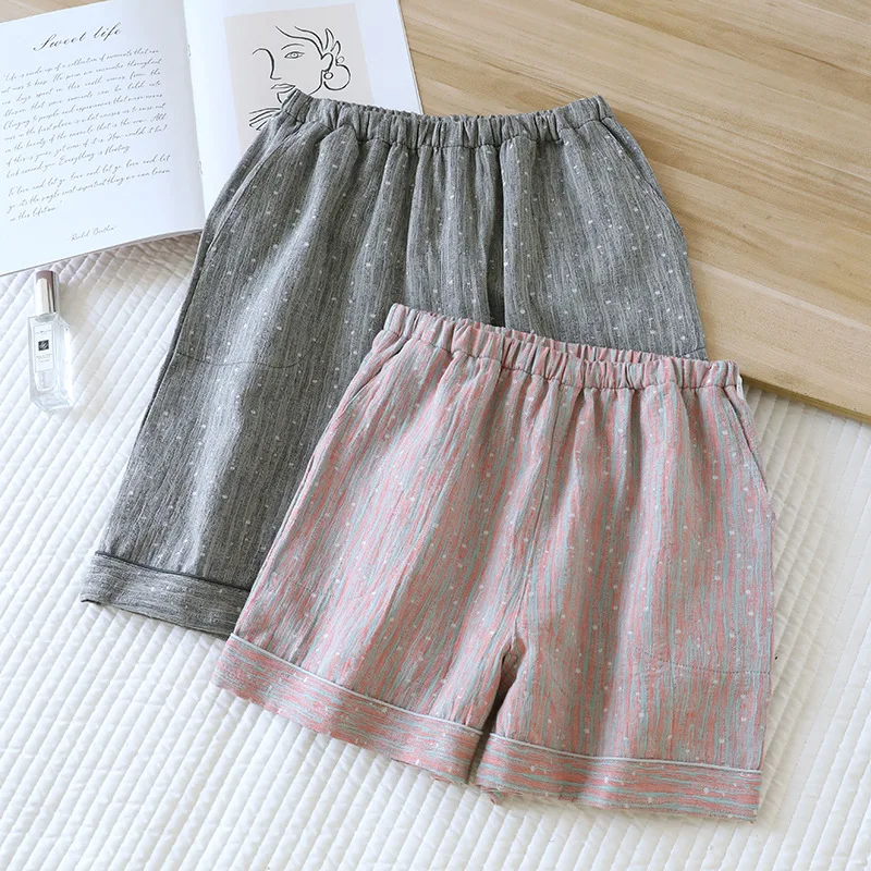 

2026 new summer couple sleeping pants 100% cotton gauze color woven men's and women's shorts thin loose home pants Sleepwear