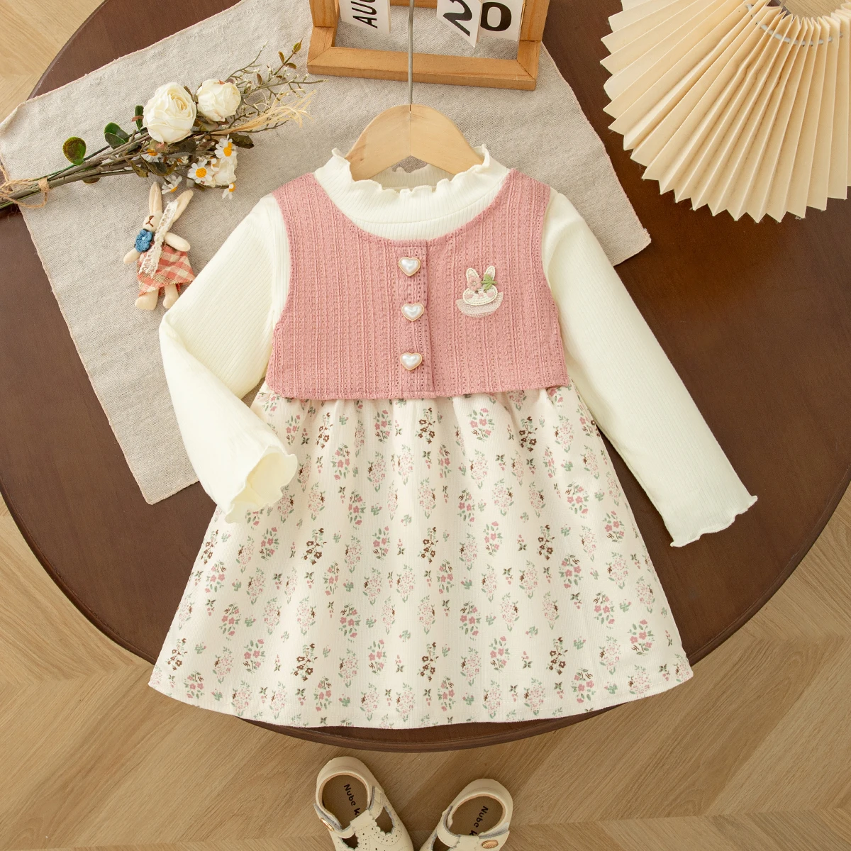 Sweet And Beautiful Baby Girl Autumn Dress Korean Style Floral Long Sleeved Baby Daily Outdoor Leisure Wear 9 Months-3 Years Old