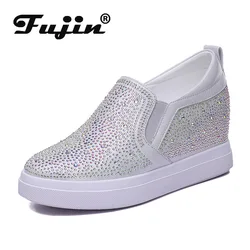 Fujin 7cm platformy trampki na koturnie buty prawdziwej skóry Bling Bling Slip on wiosna jesień kobiety modne trampki Bling Bling