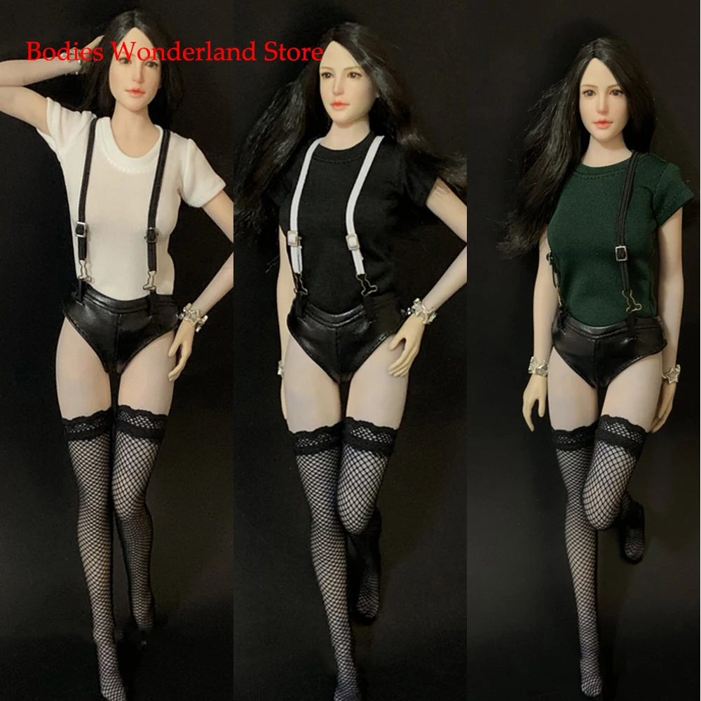 CJG-W019 Женская футболка с круглым вырезом в масштабе 1/6, кожаные шорты, носки, комплект одежды, модель для экшн-фигурки 12 дюймов, тело