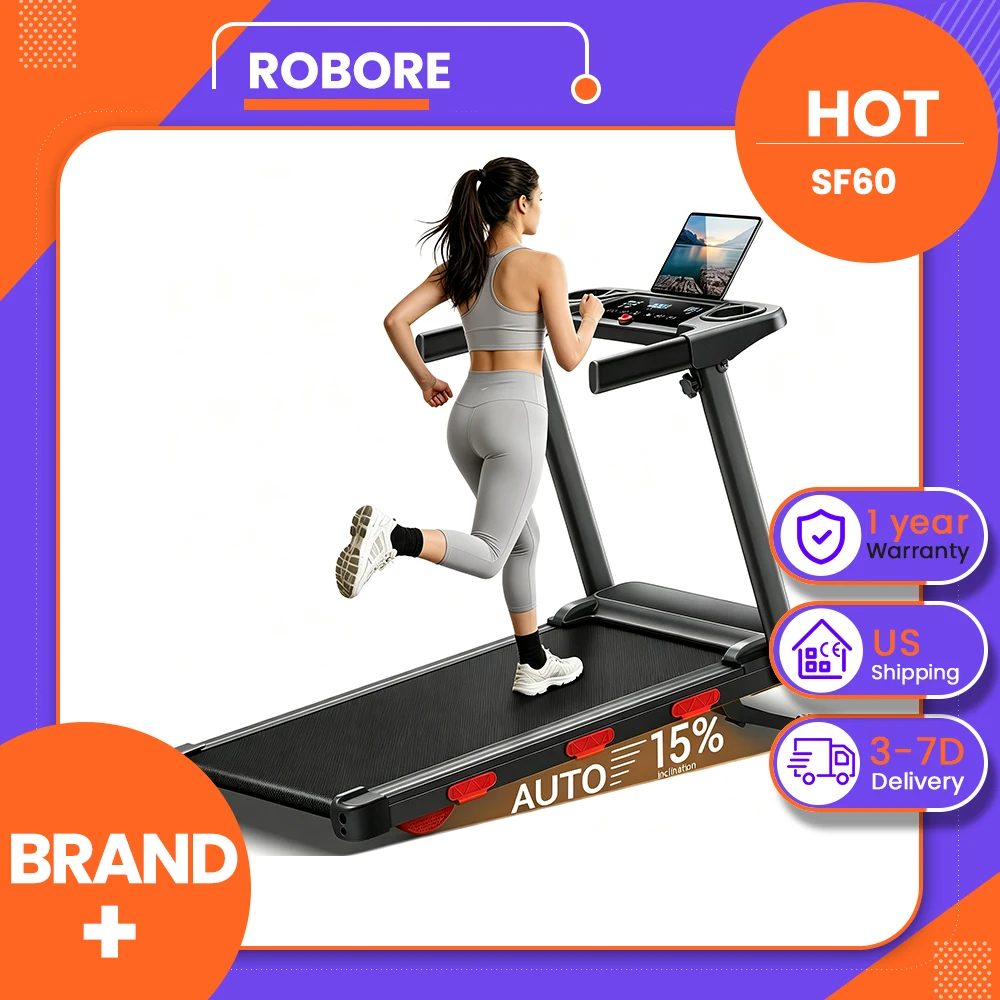 ROBORE SF60 15% Auto Incline Treadmills for Home, 10S Folds Away Portable Treadmill with Led Screen & Handle Bar Up to 300LBS Capacity, 3.0HP 7-Layer Shock-Absorbing Walking Pad Treadmill 0.6-7.5MPH