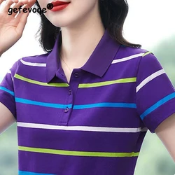 2024 Summer Women Fashion Striped Print Tees Elegant Short Sleeve Polo Collar T-shirt Female Casual Loose Sports Pullover Tops