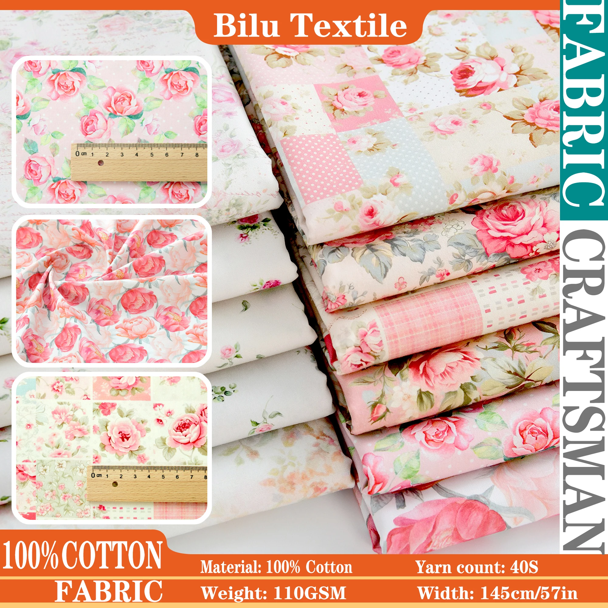 

1M/2M/3M/5M 40s Rose Floral Cotton Fabric - Country Style Dressmaking Material (per Meter)