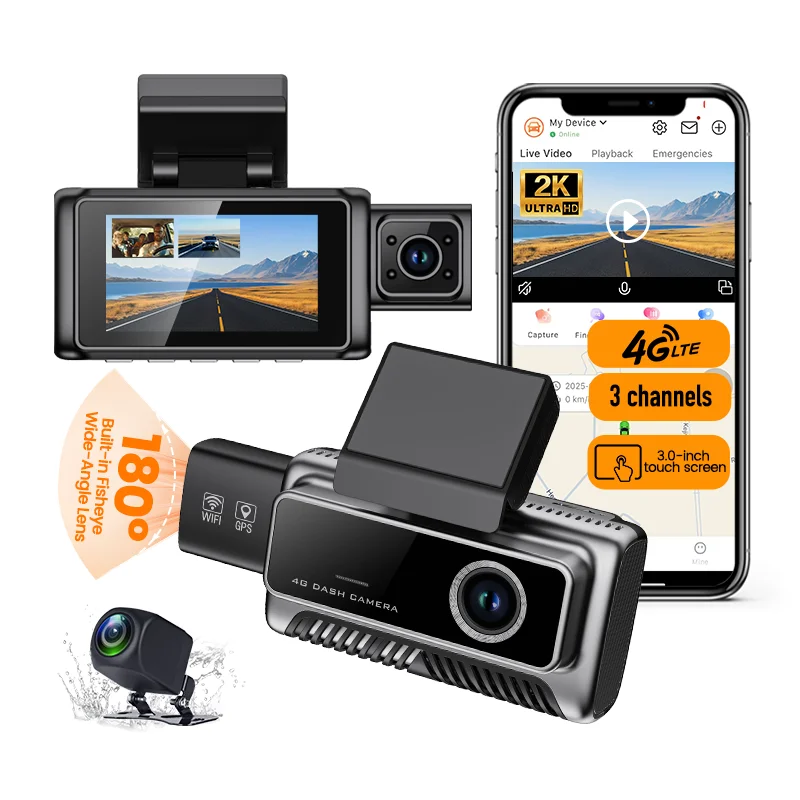 3 Channels 3inch Touch Screen 4g Car Dvr Support Sim Card Wifi Gps 4g Live Streaming Function Fit Max 512g Card Fisheye Lens