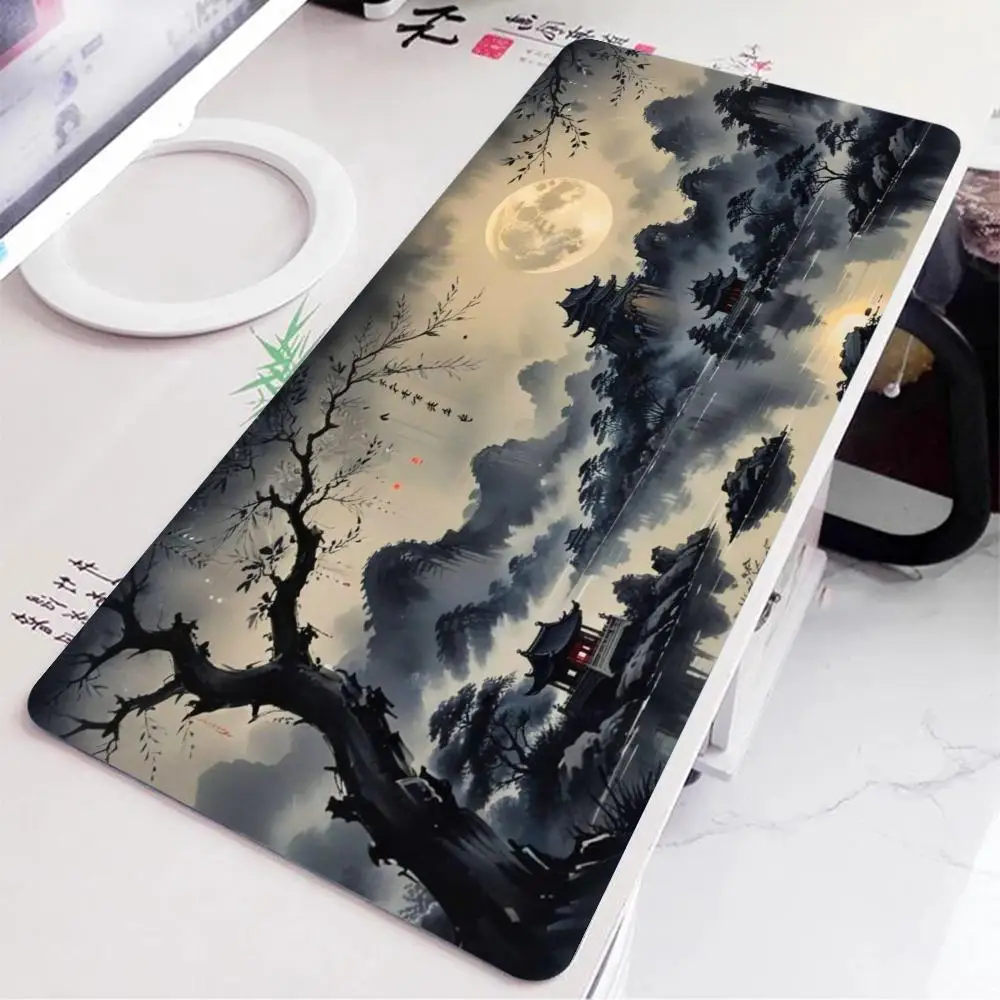 Large XXL Gaming MousePad Desk Mat Keyboard Pad Chinese Ink Wash Mountain Pavilion Full Moon Lake Landscape Non Slip Rubber Base