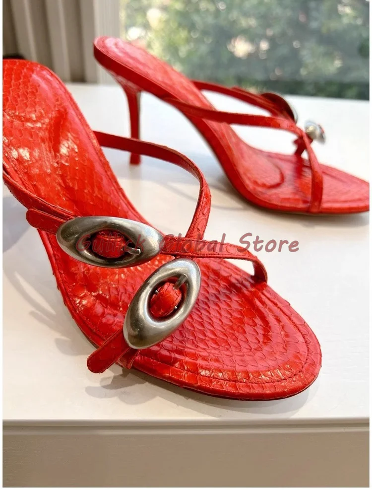 

Sexy Women Slides PU Round Toe Cross Narrow Band Metal Buckle Serpentine Stiletto Slippers Summer Outside Comfortable Cute Soft