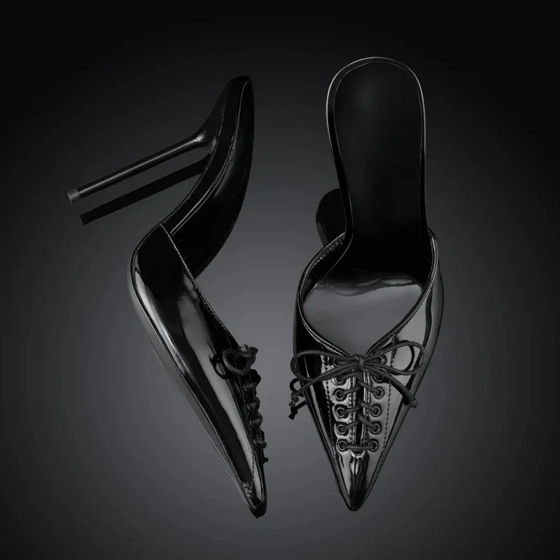 

Arden Furtado Summer Patent Leather Cross tied Stilettos heels Mules Pointed toe Pull-on Super high heel Dinner shoes