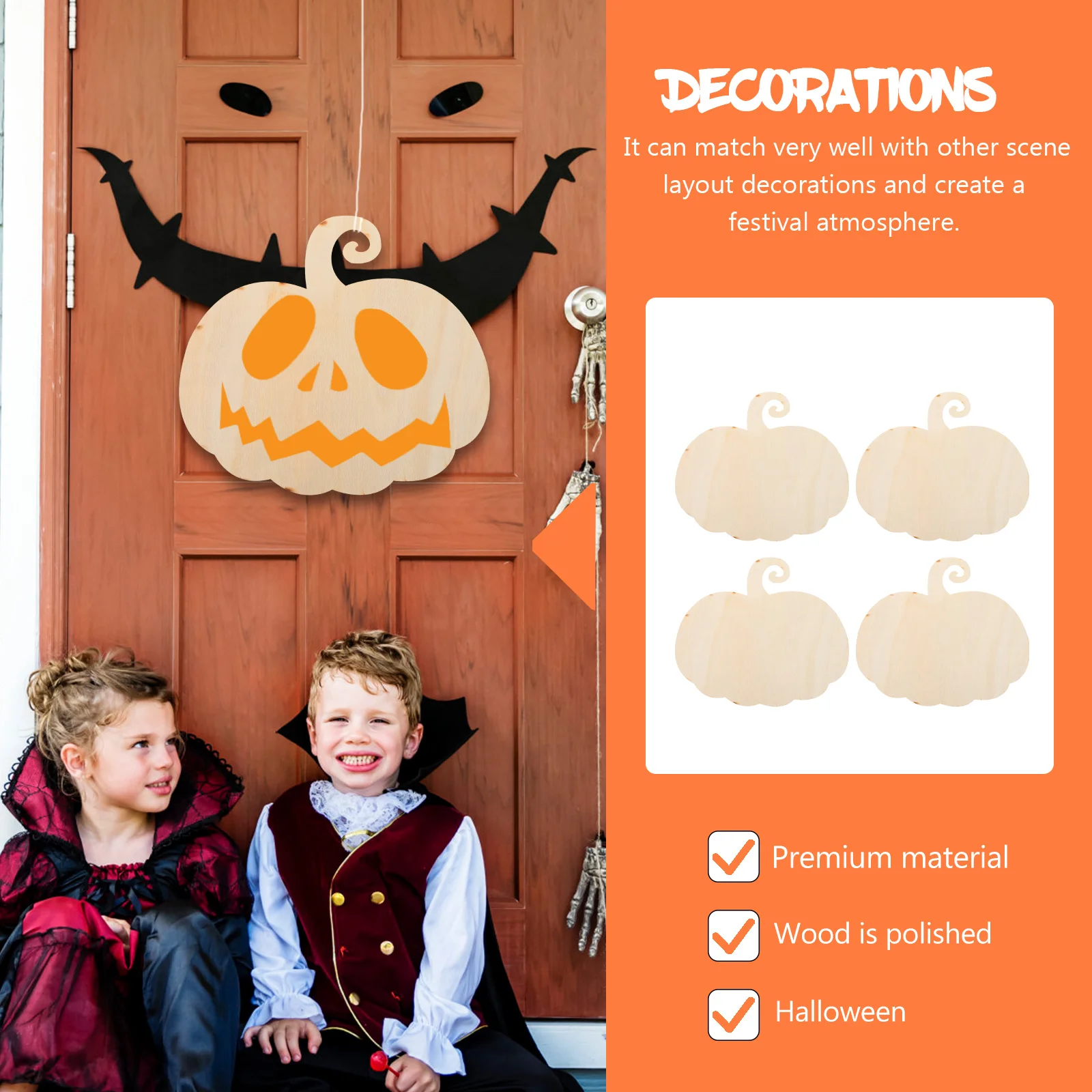 4 Pcs Halloween Wooden Pumpkin Pendant Party Decoration Cutout Shapes Blank Slice