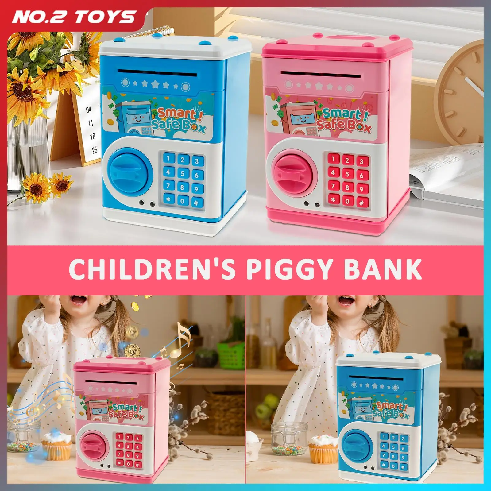 Large Electronic Piggy Bank Cash Coins Saving Money Box Automatic Induction Roll Money Intelligent ATM Bank Deposit Box for Kids