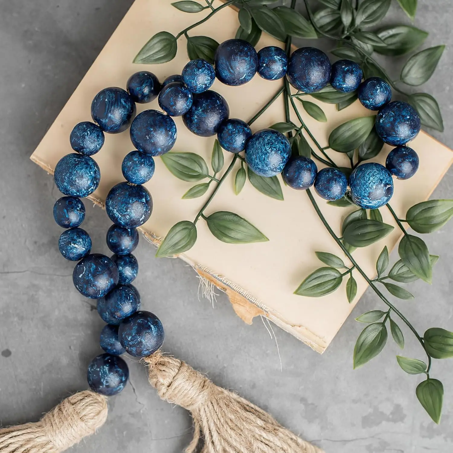 Handcrafted Farmhouse Wooden Beads Garland with Tassel, Rustic Antique Home & Event Decor, 32