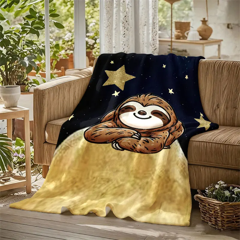 Sloth Moon Gold Stars Flannel Blanket Perfect for Sofa Office Bed Travel Sleep Read Relax Camping Four Season Use