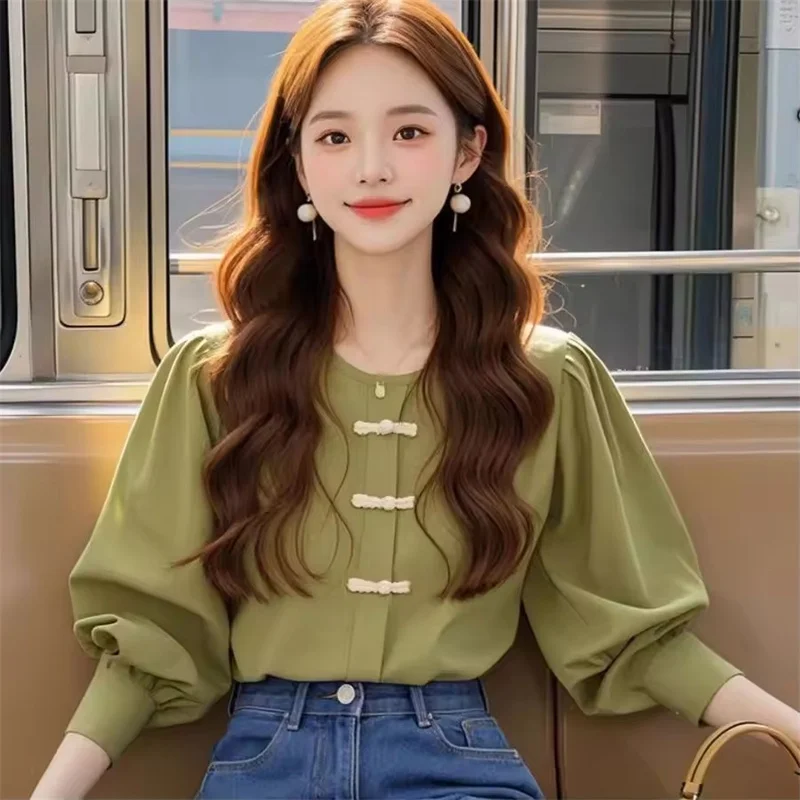 

2025 Korean Autumn New Balloon Sleeve Female Shirts Blouse Women Loose Thin Casual Fashion All-Match Tops Shirt Ladies