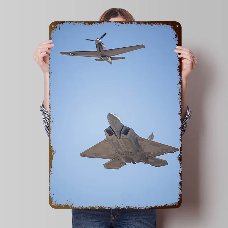 F-22 Raptor and P-51 Mustang Tin Poster Customized Wall Art Retro Vintage Metal Signs for Fans Room Desk Decor Luxury Decoration