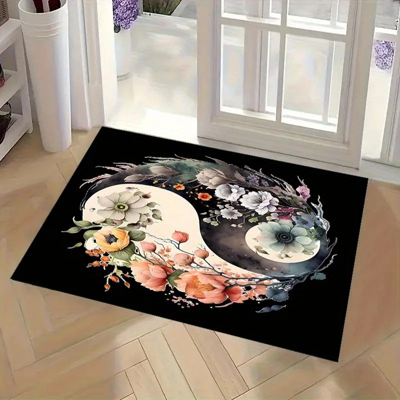

1pc Tai Chi peony print pattern carpet, crystal velvet fabric, suitable for bedroom and living room decoration