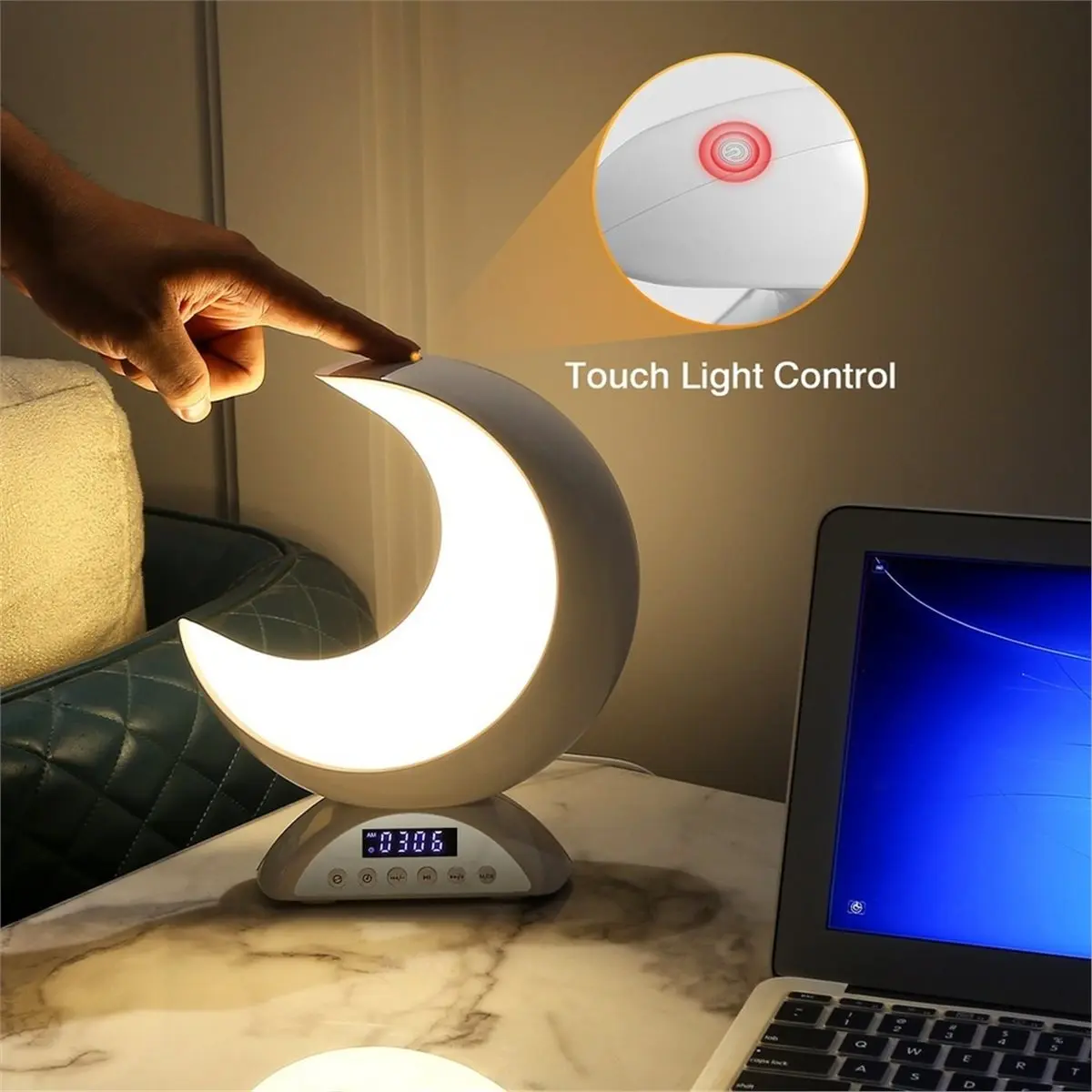 Moon Shaped Wire Bluetooth Touch Adjustable Bedroom Sound Ambient Romantic Lighting Alarm Clock Function