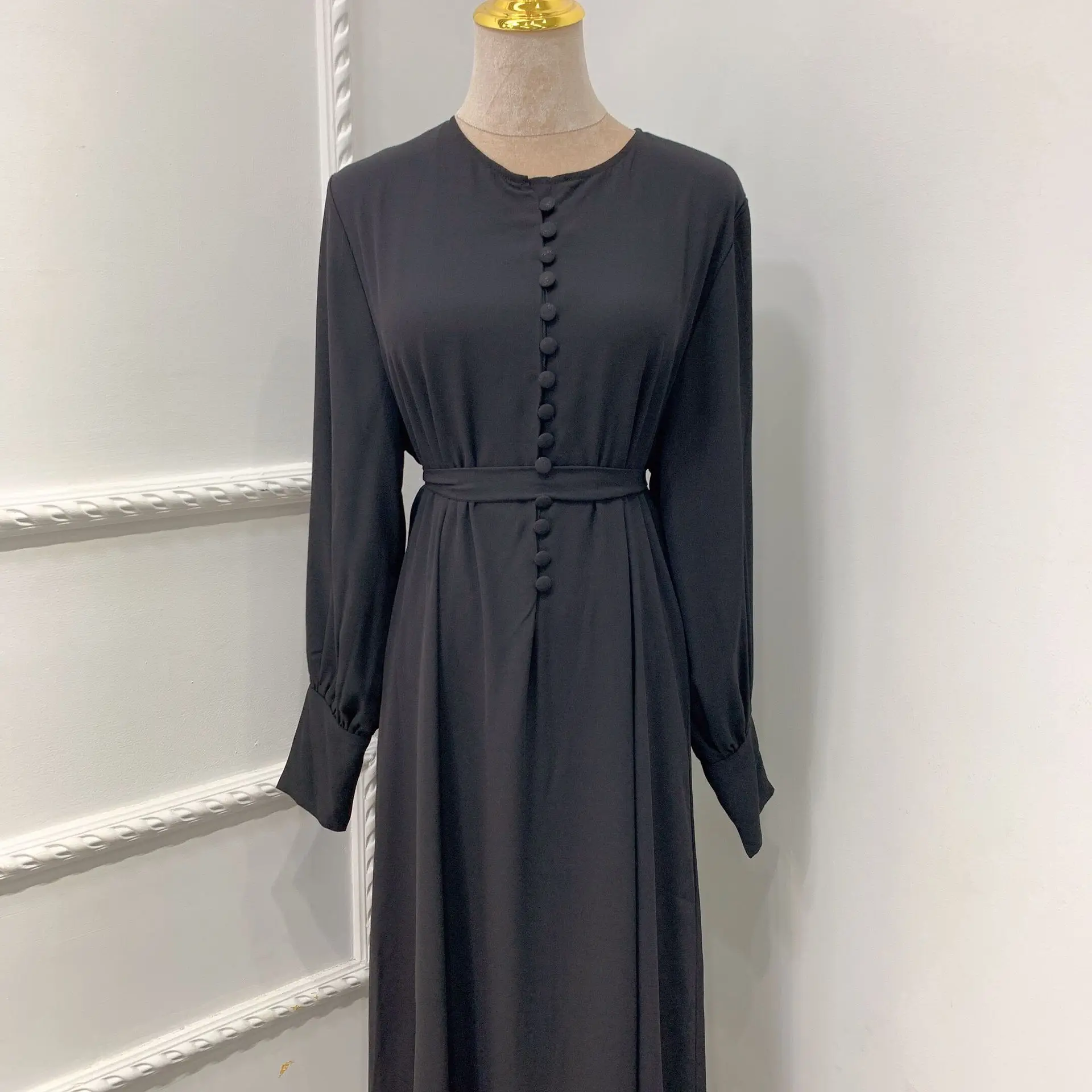 Mulheres muçulmanas elegante chiffon simples cor sólida macio vestido longo cintura-gravata vestido de camada dupla robe abaya botão