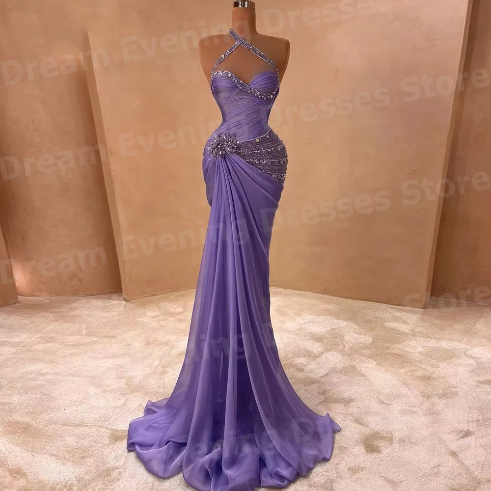 Sexy Mermaid Women's Spaghetti Strap Evening Dresses Customized Beaded Prom Gowns Sleeveless Pleat Vestidos De Fiesta Elegantes