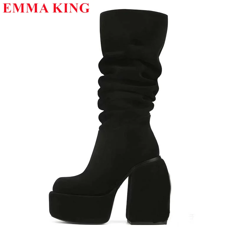 

2024 New Round Toe Platform Women Mid Calf Boots Fashion Pleated Chunky Heel Knight Boots High Heels Designer Casual Shoes Woman