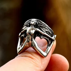 New Punk Stainless Steel Skeleton Goddess Split Band Rings For Men Women Gothic Vintage Hip Hop Rings Biker Party Jewelry Gift