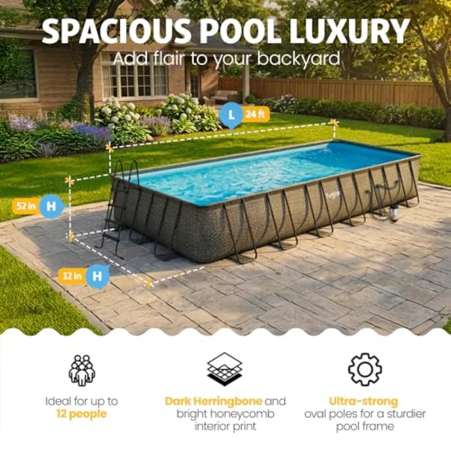Above ground swimming pool for backyard use, durable vinyl material, blue color, includes filter, ladder, maintenance kit, cove