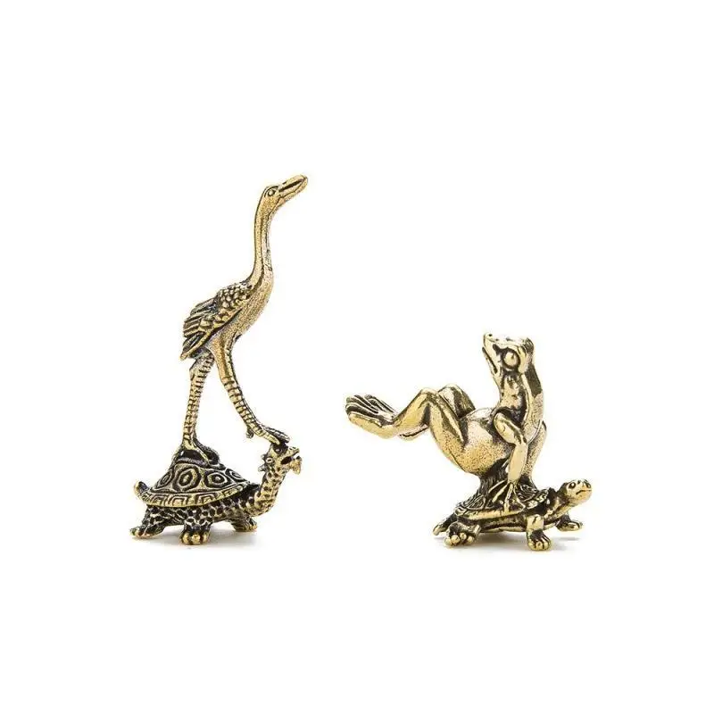 [J] 1Pc Brass Crane Figurines Miniatures Desktop Ornaments Living Room Decor Crafts Small Animal Statue Decor
