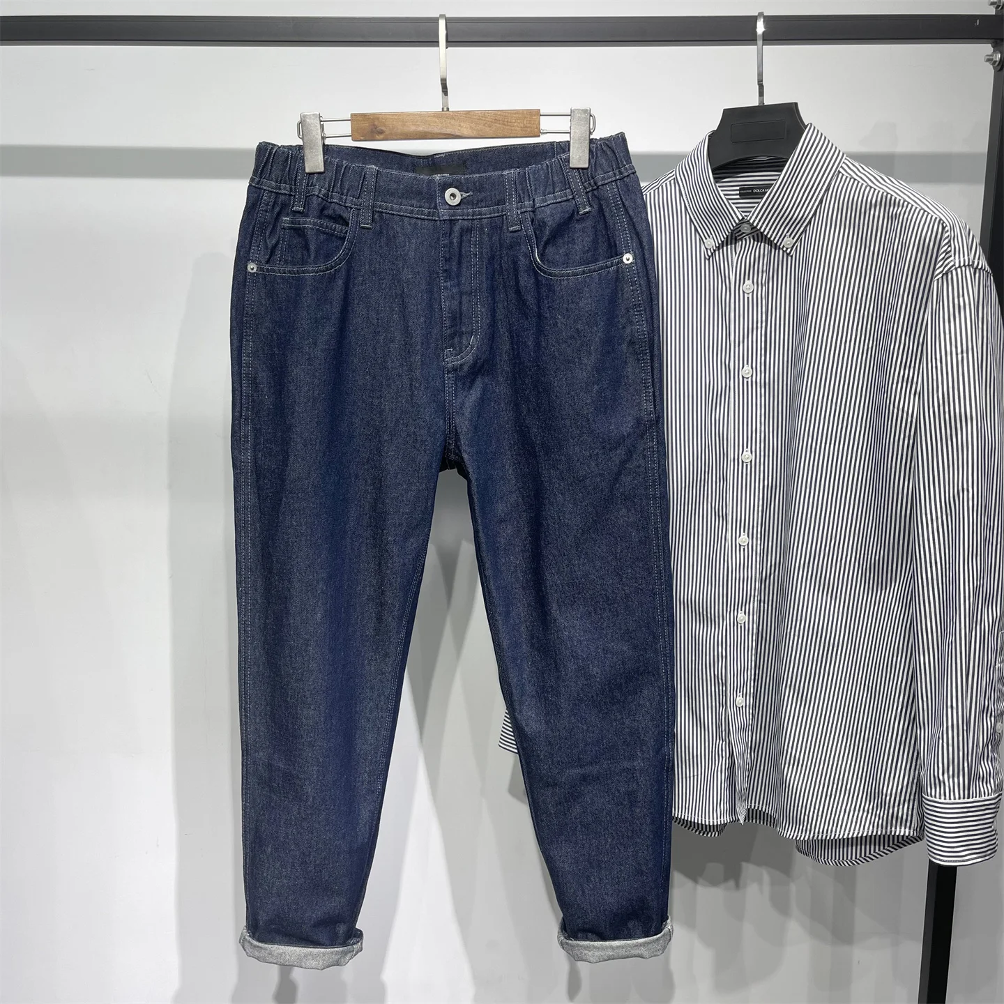 

Loose Straight Leg Denim Jeans Men's Casual Long Pants Autumn Waed Deep Blue Thiened Cotton Polyester Blend Wear Resistant