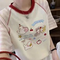Japanese Cute Girl Cat Embroidered Short Sleeve T-Shirt Women Korean Cute Tee Kawaii Clothes Oversized Casual T Shirts Y2k Tops