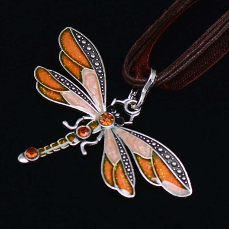 Vintage Enamel Dragonfly Pendant Necklace For Women Choker With Rhinestone Ribbon Wax Rope Chain Necklace Jewelry Gift