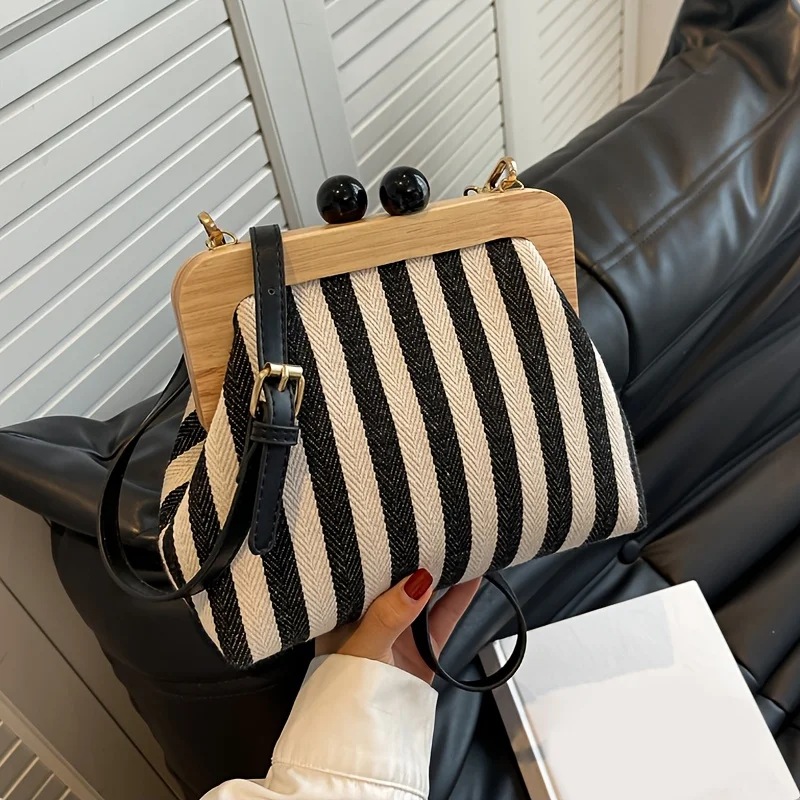 Women's Elegant Black White Striped Crossbody Bag Adjustable Shoulder Strap Versatile Fabric Purse for Work, Fashion Accessory