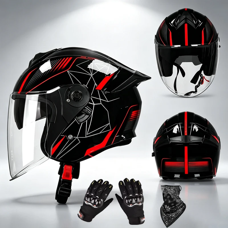3C Certified Motorcycle Helmet, Dual‑Visor, Sun‑Protection & Ventilation Hole Design, 3/4 Open‑Face Helmet for Men & Women, All‑