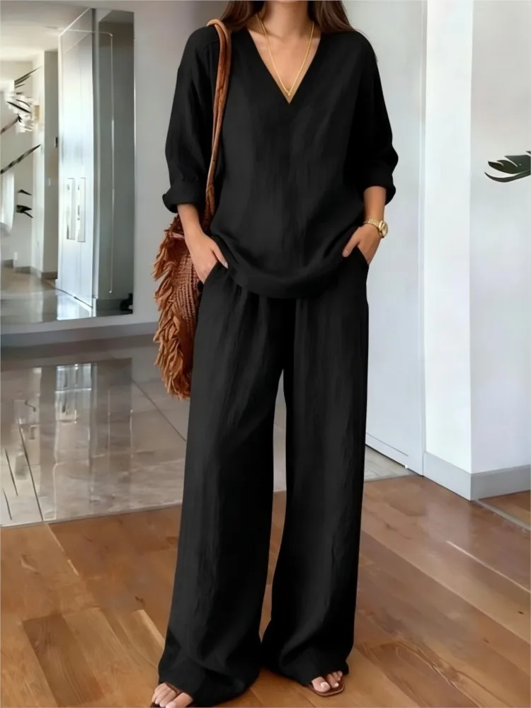 

Woman 2 Piece Set Outfit 2026 Casual V-neck Pullover Long-sleeved Tops Trousers Two Piece Outfits Solid Color Simple Style Loose